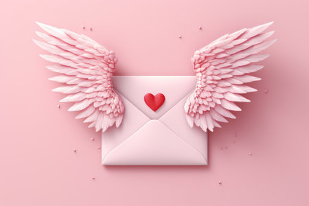 Flying letter with wings on pink background for valentine's dayの素材