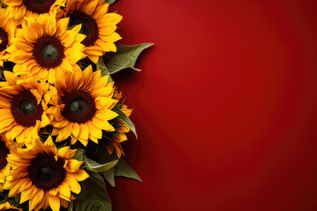 Sunflowers on a red background. Flat lay, top view. Copy space for textの素材
