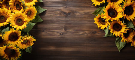 Sunflowers on a wooden background. Flat lay, top view. Copy space for textの素材