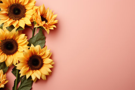 Sunflowers on a pink background. Flat lay, top viewの素材