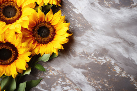 Sunflowers on a marble background. Flat lay, top viewの素材