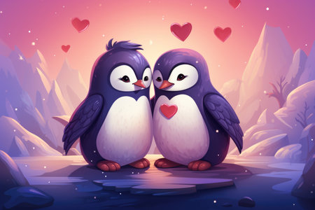 Cute cartoon penguins in love, valentine's day cardの素材
