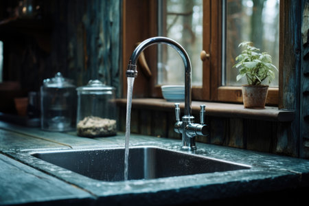Water flowing from a kitchen faucetの素材