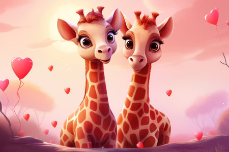 Cartoon loving giraffes in hearts, greeting cardの素材
