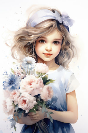 Girl with a bouquet of flowers in watercolor styleの素材