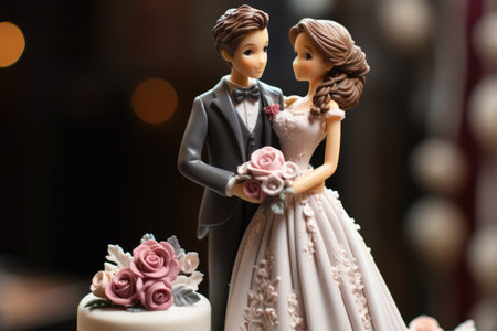 Bride and groom doll figurines on a wedding cakeの素材
