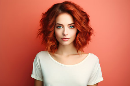 Beautiful girl with long hair in a white T-shirt on a plain backgroundの素材