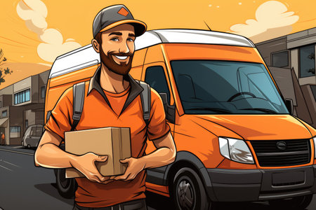 Delivery man courier holding parcel near car, fast delivery conceptの素材