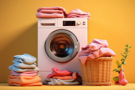 Stack of dirty clothes near washing machineの素材