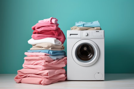 Stack of dirty clothes and washing machine on blue wall backgroundの素材