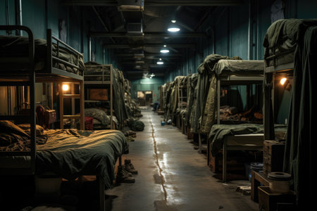 Beds in a military army barracksの素材