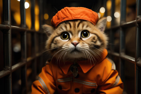 Bad cat crime wearing orange jumpsuit in a prison cell prisonerの素材
