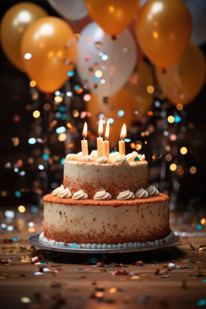 Festive birthday cake with candles against a background of bokeh and balloonsの素材
