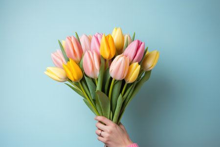 bouquet of colored tulips in handの素材