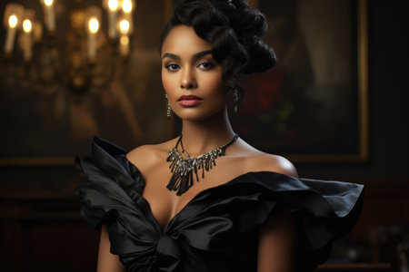 Young beautiful African American woman in evening elegant dressの素材