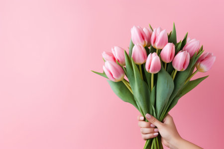 Beautiful bouquet of tulips in hand on a pink background. Copy space for textの素材