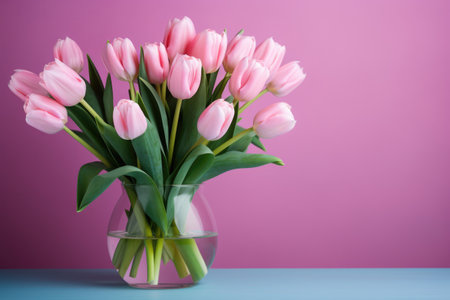 Bouquet of tulips on a pink background in a glass vaseの素材