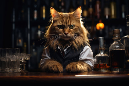 Cat bartender behind the bar counterの素材