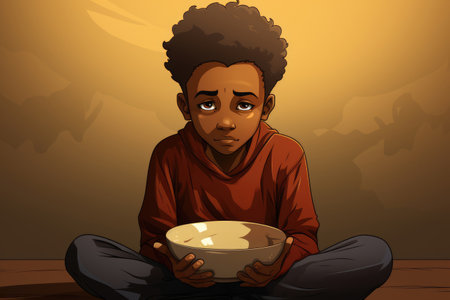 Hungry African child with empty bowl, drawing styleの素材