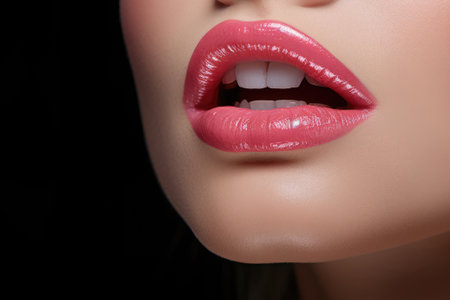 Beautiful lips with pink lipstick makeup closeupの素材