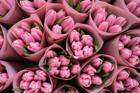 Pink tulips in paper in a storeの素材