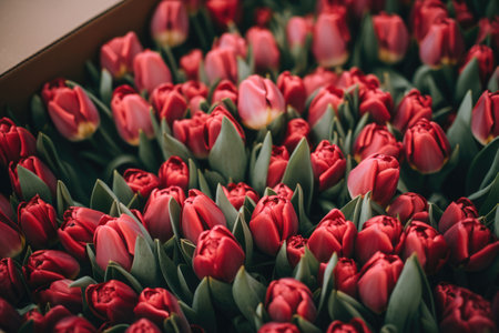 Selling bouquets of red tulips in a storeの素材