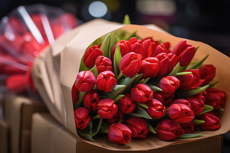 Red tulips in paper packaging in a storeの素材