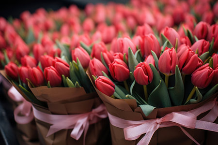 Red tulips in paper packaging in a storeの素材