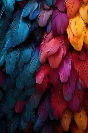 Colorful feathers background texture close up. Vertical orientationの素材