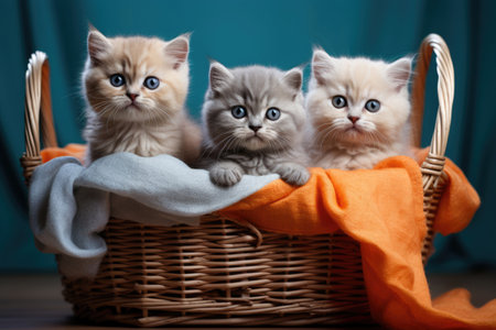 Little fluffy kittens in a wicker basket.の素材
