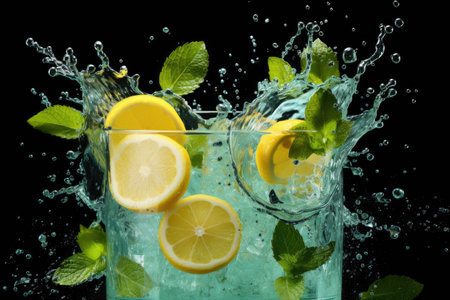 Lemon and mint leaves with splashes of water in a glass.の素材