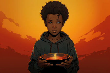 Sad hungry African child with an empty bowl in his hands, cartoon styleの素材