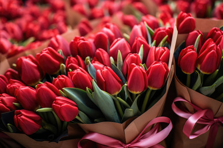 Selling bouquets of red tulips in a storeの素材