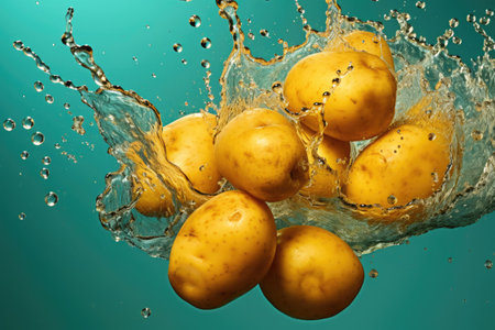 Fresh potatoes splashing in waterの素材