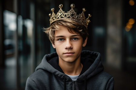 Selfish teenage boy in a crown in casual clothesの素材