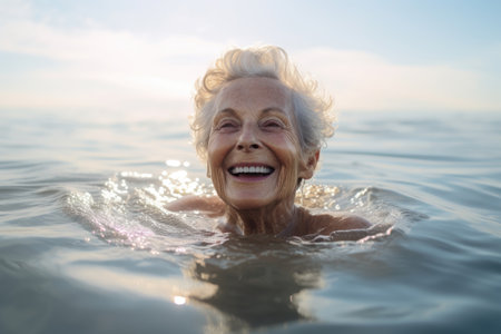 Happy smiling elderly senior woman having fun in ocean or sea waterの素材