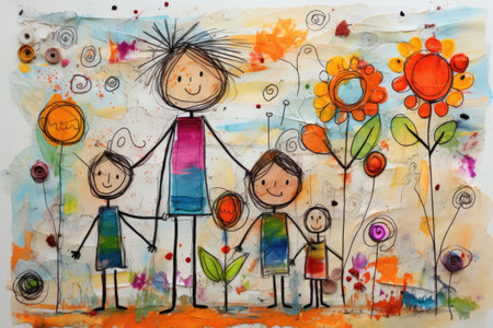 Happy family in the style of a colored children's drawingの素材