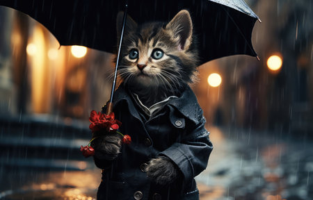 Sad cat with an umbrella on a rainy autumn dayの素材