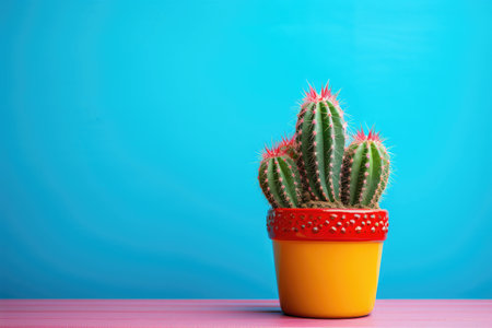 Blooming cactus in a pot on a blue background. Copy space for textの素材