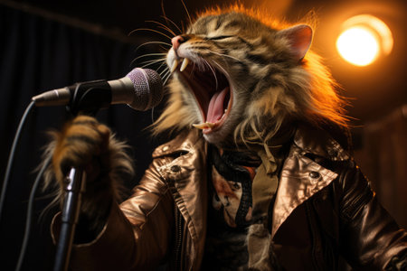 Cat singer superstar in leather jacket on stageの素材