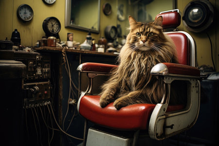 Funny cat at the hairdresser chair in beauty salonの素材
