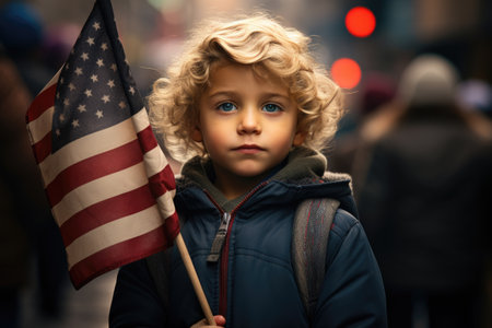 Young boy with American flag on the streetの素材