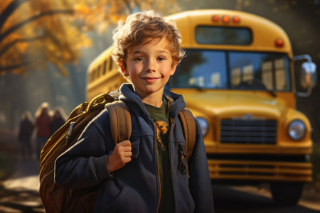 Schoolboy in front of a yellow school busの素材