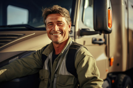Happy male driver standing in front on his truckの素材