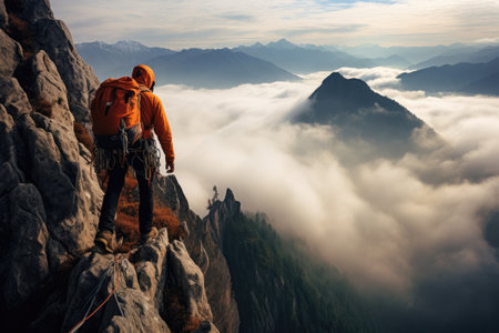 Mountain climber reaches the topの素材