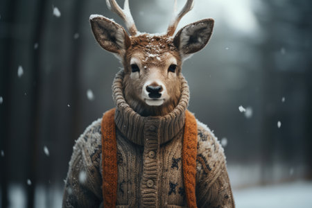 Deer in a warm knitted sweater in the forestの素材