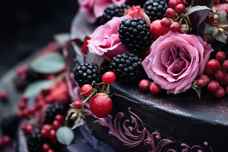 Mini cake decorated with berries and flowersの素材
