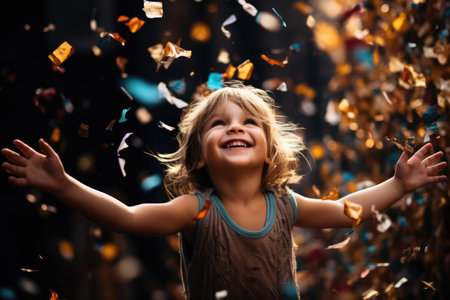 Little happy child in shiny festive birthday confettiの素材