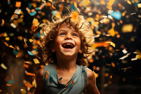 Happy child in confetti at birthday partyの素材