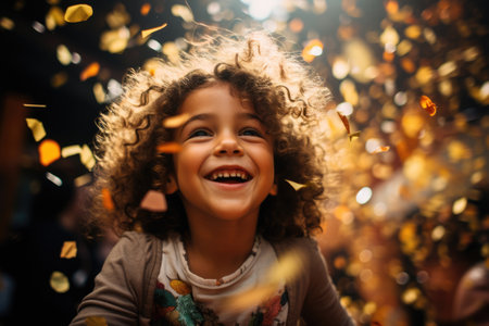 Happy child in confetti at birthday partyの素材